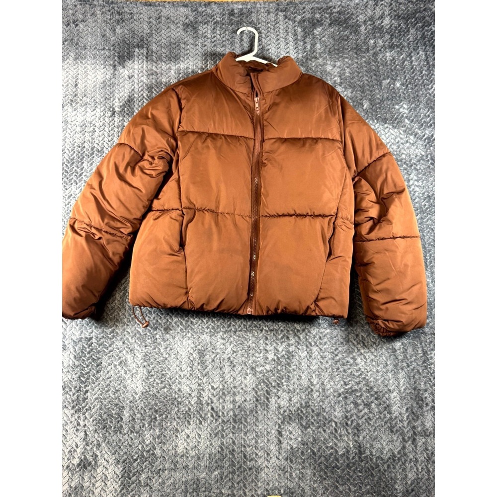 Forever 21 Cropped Puffer Jacket Womens Small Brown Softshell Mock Neck‎ Zip Up